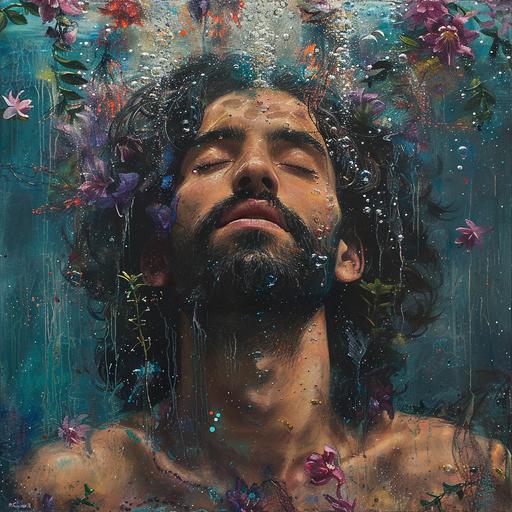 dreamcore, dreamlike portrait of a man under water. he has a beard and hairy chest and looks as though he could be arabian. he has his eyes closed. he is at peace. he is surrounded by colourful dendrobium flowers that looks like jellyfish. the portrait has a grunge look to it with scratches and marks all over the canvas --ar 1:1 --s 250