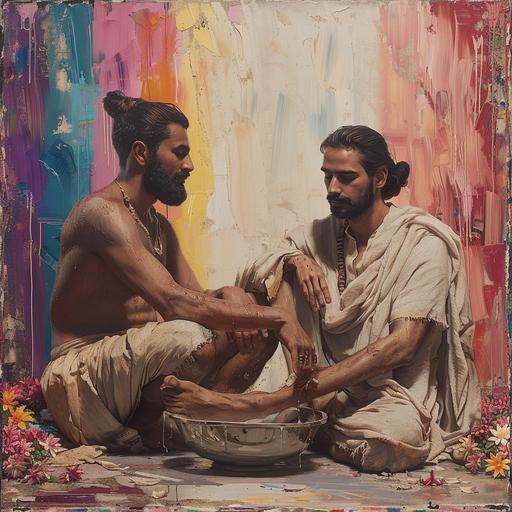 dreamcore, oil painting style portrait of a handsome arabian looking man washing the feet of another man. They are wearing roman style robes. The first man is sitting on the floor, the second man is sitting on a chair. The background has a rainbow flag in muted colours, and there are visible paintbrush marks all over the canvas and background. The surrounding portrait has very hard paint brush lines all over the sides of his face. There are dendrobium flowers along the edges of the canvas --ar 1:1 --s 250