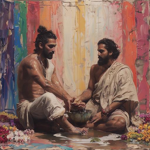 dreamcore, oil painting style portrait of a handsome arabian looking man washing the feet of another man. They are wearing roman style robes. The first man is sitting on the floor, the second man is sitting on a chair. The background has a rainbow flag in muted colours, and there are visible paintbrush marks all over the canvas and background. The surrounding portrait has very hard paint brush lines all over the sides of his face. There are dendrobium flowers along the edges of the canvas --ar 1:1 --s 250