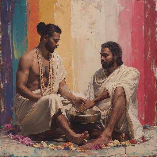 dreamcore, oil painting style portrait of a handsome arabian looking man washing the feet of another man. They are wearing roman style robes. The first man is sitting on the floor, the second man is sitting on a chair. The background has a rainbow flag in muted colours, and there are visible paintbrush marks all over the canvas and background. The surrounding portrait has very hard paint brush lines all over the sides of his face. There are dendrobium flowers along the edges of the canvas --ar 1:1 --s 250 --v 6.0
