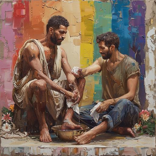 oil painting style portrait of an arabian looking man washing the feet of another man. he has a washcloth in his hands and is wearing a roman style robe. The first man is sitting on the floor, the second man is sitting on a chair and is wearing jeans and a tshirt. The background has a rainbow flag in muted colours, and there are visible paintbrush marks all over the canvas and background. The surrounding portrait has very hard paint brush lines all over the sides of his face. There are dendrobium flowers along the edges of the canvas --s 250