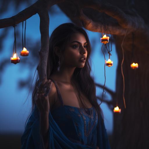 a young beautiful indian girl standing near a tree in flames, with a blue fruit hanging from the branch, cinematic, dusk