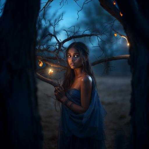 a young beautiful indian girl standing near a burning tree with a blue fruit hanging from the branch, cinematic, dusk