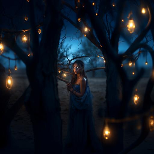 a young beautiful indian girl standing near a burning tree with a blue fruit hanging from the branch, cinematic, dusk