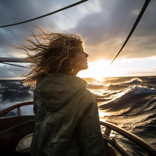 A young woman standing at the bow of a boat in a very stormy sea. She is holding her arms out, with the wind blowing her hair back. The shot is taken at a fortyfive degree angle lookig at her from the side. The sun is rising through the clouds with sunrays streaming through the clouds. The stomy sea is subsiding and calming and the sun is begining to break through the clouds. 8K resolution.