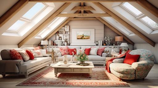attic livingroom on a big family country house firnished sofas and armchairs, cozzy style provenzal, shabby-chic, hamptons, natural neutral colors with green and red touch, wooden foor and ceilling with beams --ar 16:9 --no plants