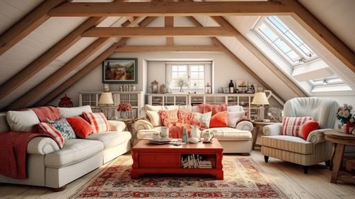 attic livingroom on a big family country house firnished sofas and armchairs, cozzy style provenzal, shabby-chic, hamptons, natural neutral colors with green and red touch, wooden foor and ceilling with beams --ar 16:9 --no plants