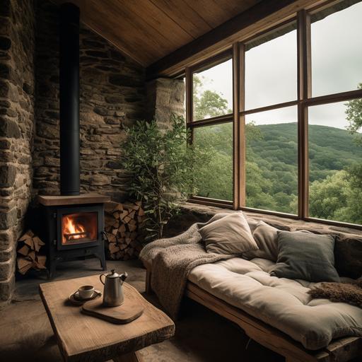 cozy interior of a tiny stone cabin in Cantabria valley, 5m high roof, Stone, raw oak wood, White walls, minimal, wabi-sabi, nordic higge, firepit, big Window and linen sofa