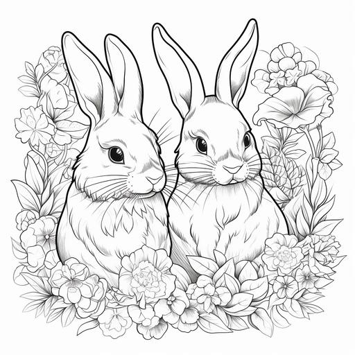 coloring page for coloring book, ukrainian rabbits, no shadows, must be suitable for coloring book, low amount of details, thick lines