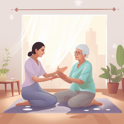 Create a 2d vector illustration for the following. In a well - lit room, an Indian grandmother with silver hair diligently follows her physiotherapist's guidance. Clad in a comfortable salwar kameez, she uses therapy bands and foam blocks for gentle exercises, her determined expression reflecting years of wisdom. Each deliberate stretch and lift speaks of her unwavering commitment to regain strength and flexibility, turning her therapy into a testament of resilience. Clean white background, no illustration outline.