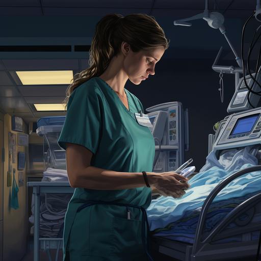 In a softly lit hospital room, a compassionate doctor, wearing teal scrubs and a stethoscope around their neck, stands beside a meticulously arranged medical cart. Delicate electrodes are attached to a tiny, swaddled newborn, their eyes closed in peaceful slumber. The doctor's focused gaze is fixed on a state-of-the-art monitor displaying the neonatal aEEG process, while a reassuring hand rests gently on the infant's chest. The room exudes an aura of serenity and meticulous care, symbolizing the dedication of healthcare professionals in monitoring and nurturing the tiniest of lives. - illustration