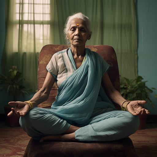 In a well-lit room, an Indian grandmother with silver hair diligently follows her physiotherapist's guidance. Clad in a comfortable salwar kameez, she uses therapy bands and foam blocks for gentle exercises, her determined expression reflecting years of wisdom. Each deliberate stretch and lift speaks of her unwavering commitment to regain strength and flexibility, turning her therapy into a testament of resilience.