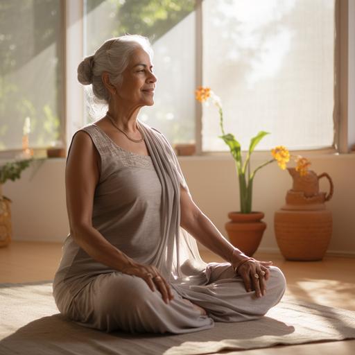 In a well-lit room, an Indian grandmother with silver hair. Clad in a comfortable salwar kameez, she uses therapy bands and foam blocks for gentle exercises, her determined expression reflecting years of wisdom. Each deliberate stretch and lift speaks of her unwavering commitment to regain strength and flexibility, turning her therapy into a testament of resilience.