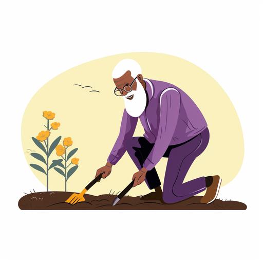 file:///C:/Users/Admin/Downloads/3007%20(1).png use the illustration style and create a 2d vector illustration of an old indian man gardening, natural lighting, full bodyshot, clean white background, no illustration outline, wearing a lavender gradient and mild yellow coloured modern clothes