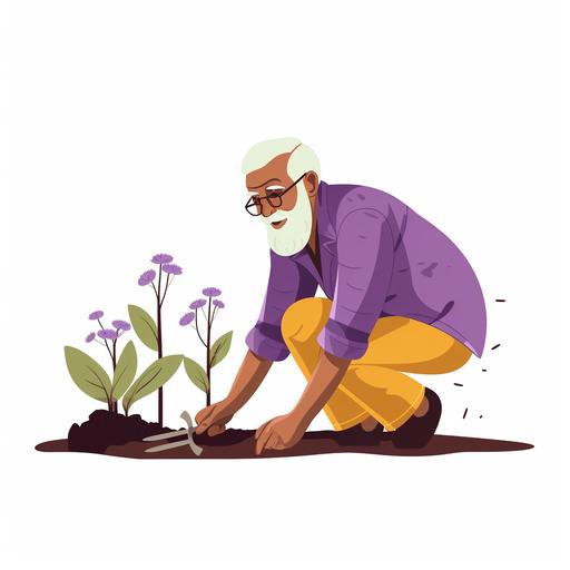 file:///C:/Users/Admin/Downloads/3007%20(1).png use the illustration style and create a 2d vector illustration of an old indian man gardening, natural lighting, full bodyshot, clean white background, no illustration outline, wearing a lavender gradient and mild yellow coloured modern clothes