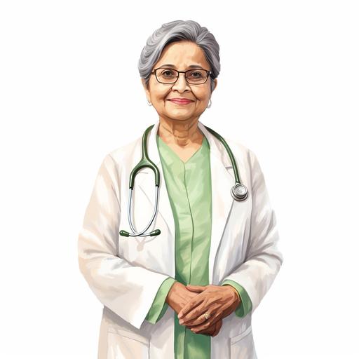 illustration of an indian elderly female doctor looking at camera and smiling, wearing light green kurta and a white coat and stethescope, plain white background