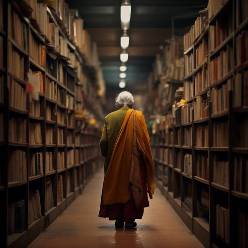 library lane, indian old woman walking through library aisle