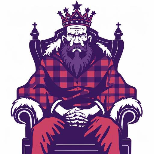 clean thin lines vector flat logo, white background, king with beard and piercing eyes sitting straight on a throne wearing a crown with stars and a red purple buffalo plaid robe with an ermine collar