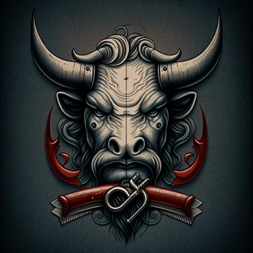 A bulls head with a fresh lined up beard and evil smirk scar on left eyebrow. Clipper cord wrapped around bulls horn. Other horn with small barber pole stuck through the point of the horn straight razor tattooed on a horn as well