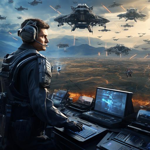 A human commander in sleek military attire interacts with a digital interface, strategically directing a prominent group of autonomous ground vehicles, including fortified tanks and robotic infantry, across a simple battlefield terrain, with supportive air vehicles - armed drones and combat aircraft - decisively positioned above, all showcasing a clear, technologically advanced coordination without an overly complex environment or excessive battlefield chaos