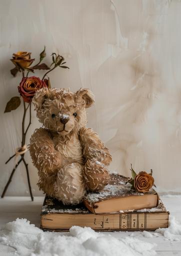 Realistic close-up shot of an old Soviet teddy bear sitting on a thick old closed book against a light wall. We see the spine of the book. Next to the bear is a bouquet of dry old roses. There is snow on the floor. There is also snow on the bear's head and shoulders --ar 5:7 --s 50