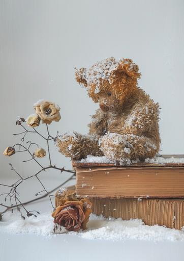 Realistic close-up shot of an old Soviet teddy bear sitting on a thick old closed book against a light wall. We see the spine of the book. Next to the bear is a bouquet of dry old roses. There is snow on the floor. There is also snow on the bear's head and shoulders --ar 5:7 --s 50