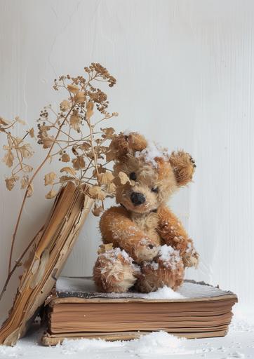 Realistic close-up shot of an old Soviet teddy bear sitting on a thick old closed book against a light wall. We see the spine of the book. Next to the bear is a bouquet of dry old roses. There is snow on the floor. There is also snow on the bear's head and shoulders --ar 5:7 --s 50