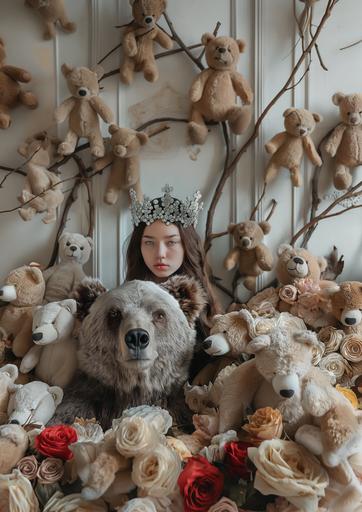 Realistic shot of a large number of vintage teddy bears arranged in different poses in an old room with white walls. In the foreground lies a large real bear skull. I see a beautiful woman standing behind the bears wearing a silver crown of thorns. I see old dry red and yellow roses around and a forest painted on the walls --ar 5:7 --s 50