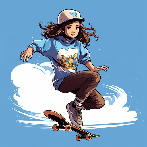 a skater girl riding a big ramp brown hair blue eyes hoodie with a skateboard icon short pants snickers cartoon style