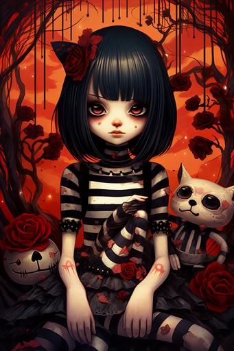 1 cartoon girl with black cat,grin, in the style of bold patterns and typography, angura kei, gothic grotesque figures, gongbi, commission for, kidcore, skeletal, triskaidekaphobia --ar 2:3