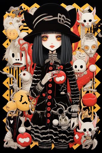 1 cartoon girl with black cat,grin, in the style of bold patterns and typography, angura kei, gothic grotesque figures, gongbi, commission for, kidcore, skeletal, triskaidekaphobia --ar 2:3