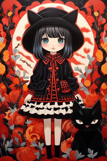 1 cartoon girl with black cat,grin, in the style of bold patterns and typography, angura kei, gothic grotesque figures, gongbi, commission for, kidcore, skeletal, ecliptic hour --ar 2:3