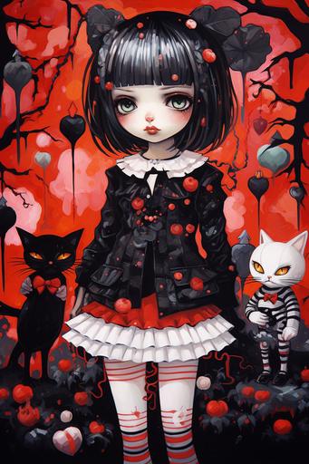 1 cartoon girl with black cat,grin, in the style of bold patterns and typography, angura kei, gothic grotesque figures, gongbi, commission for, kidcore, skeletal, triskaidekaphobia --ar 2:3