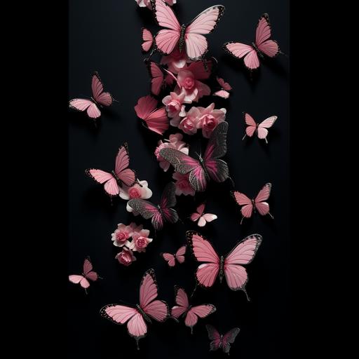 flying butterflies on a black background with dark rose shades, realistic 3D, premium, Side view