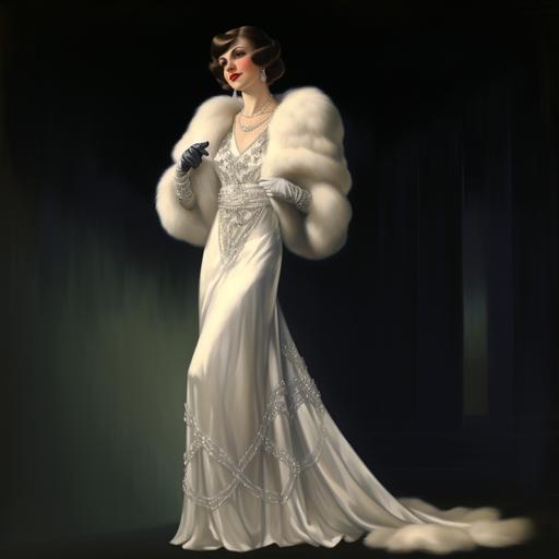 full body shot of a woman in a white evening long silk dress. She has a gorgeous fur boa on her shoulders. There are pearl beads on the neck. --s 50