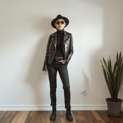 full body shot of a woman wearing a black leather jacket and black turtleneck and black pants. She's trying to look like a man. On her head is a black brimmed hat and aviator glasses. On her feet are men's shoes black trousers, leather jacket, black hat, aviator glasses, turtleneck --s 50