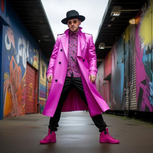 full shot of a man in a pink raincoat and black top hat. He is wearing a printed T-shirt and purple sweatpants. He has black shoes --s 50