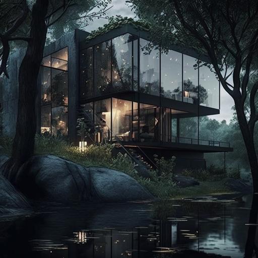 1 level house in a river side. Ground level glass walls, black kithchen modern, modern sofas, led ilumination. first level concrete 3 bedrooms with terrace. big glass in bedrooms Trees in background.