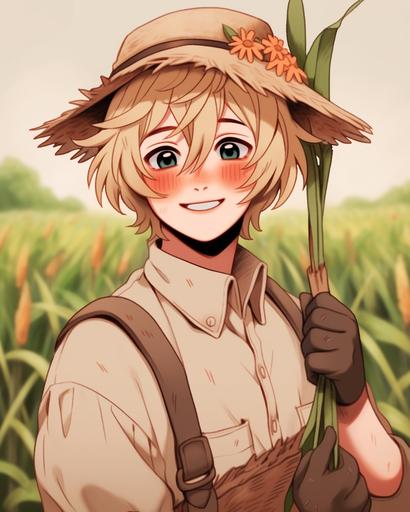 1 person, Zoom, face close up, flirty, tomboy, anime medieval farmer, medieval fantasy anime, 25 year old anime nonbinary lesbian, dark green eyes, short fluffy messy curly blonde anime hair, androgynous, farmer hat, short hair, medieval farmer clothes, video game, character id, anime, the style of charming anime characters, baroque portraiture, romantic manga, 2d game art, realistic portraitures, --ar 4:5 --niji 5 --q 2 --no child --iw .8