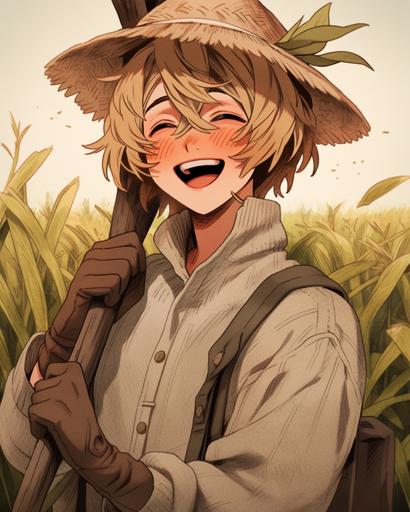 1 person, Zoom, face close up, laughing, tomboy, anime medieval farmer, medieval fantasy anime, 25 year old anime nonbinary lesbian, dark green eyes, short fluffy messy curly blonde anime hair, androgynous, farmer hat, short hair, medieval farmer clothes, video game, character id, anime, the style of charming anime characters, baroque portraiture, romantic manga, 2d game art, realistic portraitures, --ar 4:5 --niji 5 --q 2 --no child --iw .8