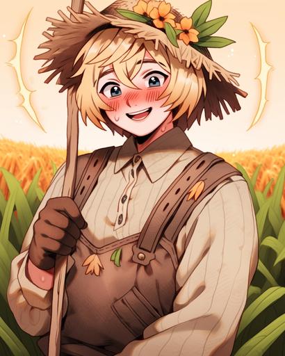 1 person, Zoom, face close up, shy blushing, tomboy, anime medieval farmer, medieval fantasy anime, 25 year old anime nonbinary lesbian, dark green eyes, short fluffy messy curly blonde anime hair, androgynous, farmer hat, short hair, medieval farmer clothes, video game, character id, anime, the style of charming anime characters, baroque portraiture, romantic manga, 2d game art, realistic portraitures, --ar 4:5 --niji 5 --q 2 --no child --iw .8