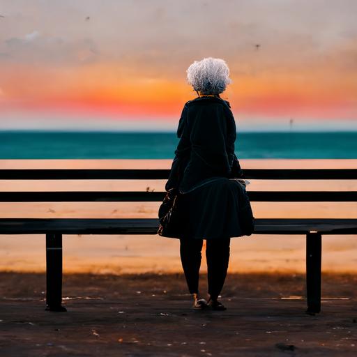 1 woman with white hair watching the sunset in a beach , benches and people walking in the background, photo aesthetic , 8k , realistic ,
