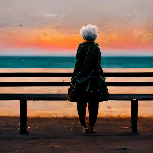 1 woman with white hair watching the sunset in a beach , benches and people walking in the background, photo aesthetic , 8k , realistic ,