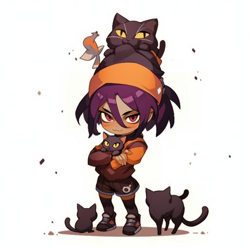 1.a cartoon girl with purple and black hair, with a little cute black cat on her head, in the style of terracotta, cartoon violence, #screenshotsaturday, dark purple and brown, , applecore, 2.a cute cartoon character with purple hair and a hat holding a cat, in the style of dark maroon and orange, anime-inspired, desertpunk, #screenshotsaturday, made of all of the above, art of the ivory coast, wiccan 3.dragon ball z girl anime character, with a little cute black cat, in the style of dark purple and brown, , dark brown and orange, humble charm, , cranberrycore, 4.a female character who has purple hair is standing on the sidewalk, with a little cute black cat in the style of dark brown and orange, , tweencore, #screenshotsaturday, dark beige and purple, dark purple and dark brown, teethcore --s 250  --niji 5 --ar 1:1