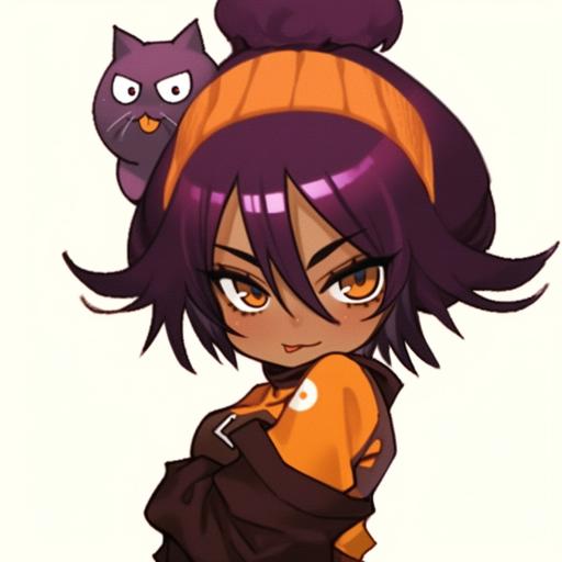 1.a cartoon girl with purple and black hair, with a little cute black cat on her head, in the style of terracotta, cartoon violence, #screenshotsaturday, dark purple and brown, , applecore, 2.a cute cartoon character with purple hair and a hat holding a cat, in the style of dark maroon and orange, anime-inspired, desertpunk, #screenshotsaturday, made of all of the above, art of the ivory coast, wiccan 3.dragon ball z girl anime character, with a little cute black cat, in the style of dark purple and brown, , dark brown and orange, humble charm, , cranberrycore, 4.a female character who has purple hair is standing on the sidewalk, with a little cute black cat in the style of dark brown and orange, , tweencore, #screenshotsaturday, dark beige and purple, dark purple and dark brown, teethcore --s 250  --ar 1:1 --niji 5