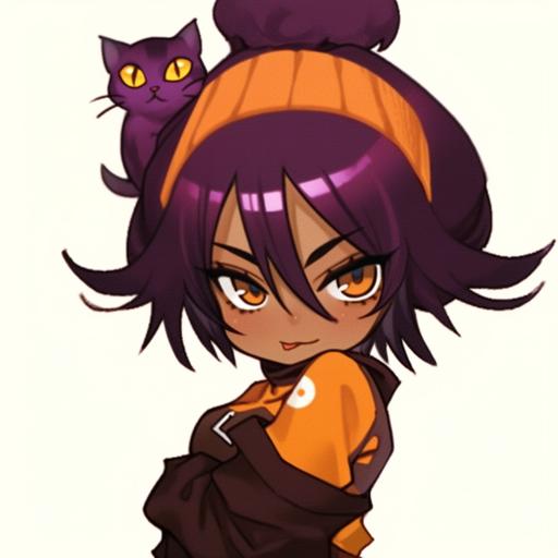 1.a cartoon girl with purple and black hair, with a little cute black cat on her head, in the style of terracotta, cartoon violence, #screenshotsaturday, dark purple and brown, , applecore, 2.a cute cartoon character with purple hair and a hat holding a cat, in the style of dark maroon and orange, anime-inspired, desertpunk, #screenshotsaturday, made of all of the above, art of the ivory coast, wiccan 3.dragon ball z girl anime character, with a little cute black cat, in the style of dark purple and brown, , dark brown and orange, humble charm, , cranberrycore, 4.a female character who has purple hair is standing on the sidewalk, with a little cute black cat in the style of dark brown and orange, , tweencore, #screenshotsaturday, dark beige and purple, dark purple and dark brown, teethcore --s 250  --niji 5 --ar 1:1