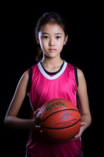 10 basketball Asian and English girls aged 7-13 years old, wearing Pink basketball jerseys in GD sport Basketball club one of the girls holding basketball --ar 2:3