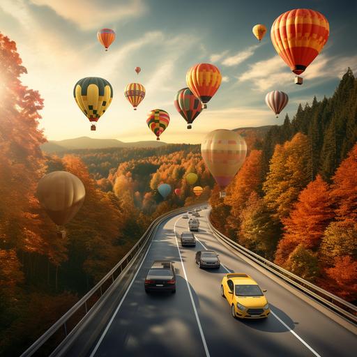 10 hot air ballons above cars on a 3 lane highway in a fall forest landscape