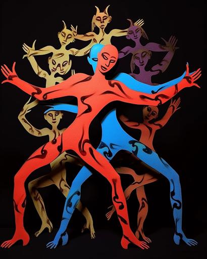 10 kaleidoscopic yoga gurus in impossible knot pose, dancing and jumping::7, Harlequin, Clown, Jester, Buffoon, Trickster, feminine and non-binary and masculine, all in unison, kaleidoscopic gender spectrum, Vintage film noir aesthetic, ballroom dancing, in the style of Gabriele Dell'Otto, , --ar 4:5