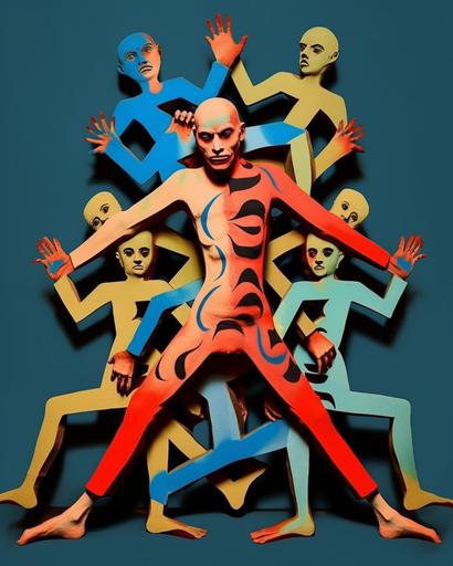 10 kaleidoscopic yoga gurus in impossible knot pose, dancing and jumping::7, Harlequin, Clown, Jester, Buffoon, Trickster, feminine and non-binary and masculine, all in unison, kaleidoscopic gender spectrum, Vintage film noir aesthetic, ballroom dancing, in the style of Gabriele Dell'Otto, , --ar 4:5